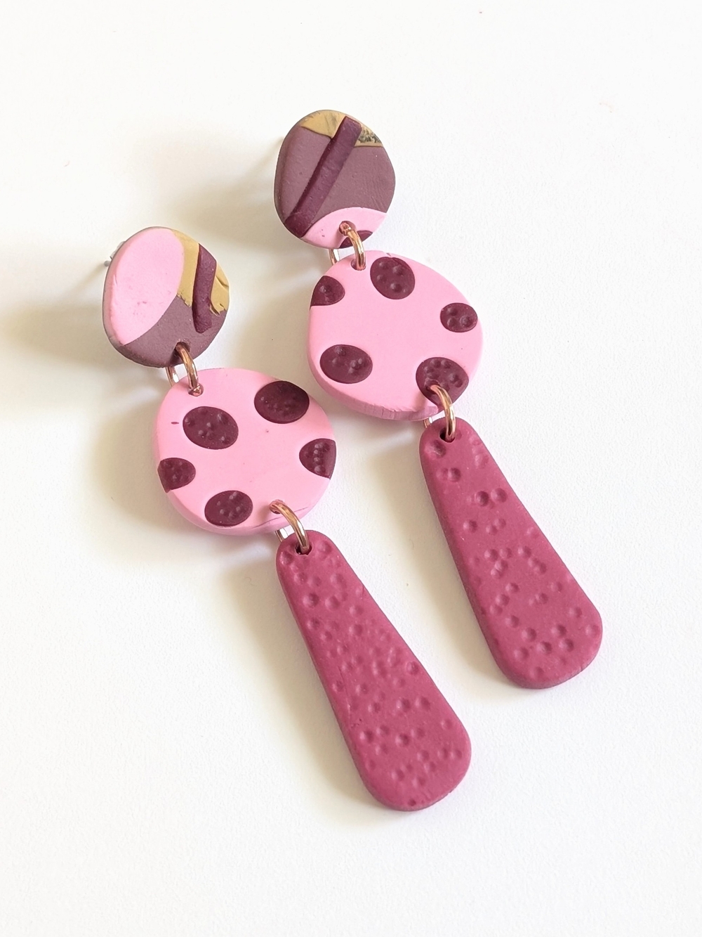Pink Polka Dot Drop Statement Earrings